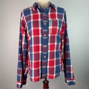 Hollister Red and Blue Plaid Button Down Flannel Shirt Size M EUC